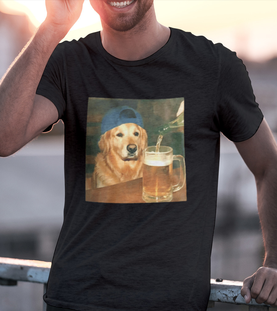Golden Retriever Backward Cap Beer Pouring Scene T-Shirt