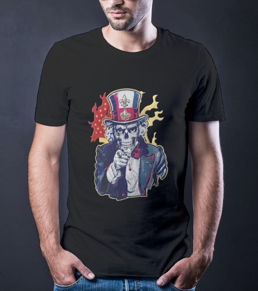 New Orleans Pelicans Skeleton Uncle Sam Pointing American Flag Fleur De Lis T-Shirt