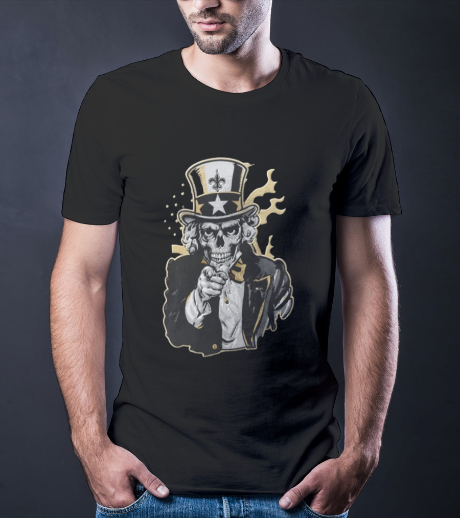 New Orleans Saints Skeleton Uncle Sam Pointing Fleur De Lis American Flag T-Shirt