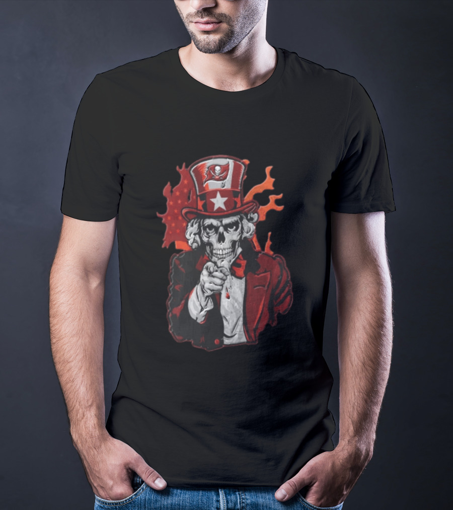 Tampa Bay Buccaneers Uncle Sam Skull American Flag Flames T-Shirt