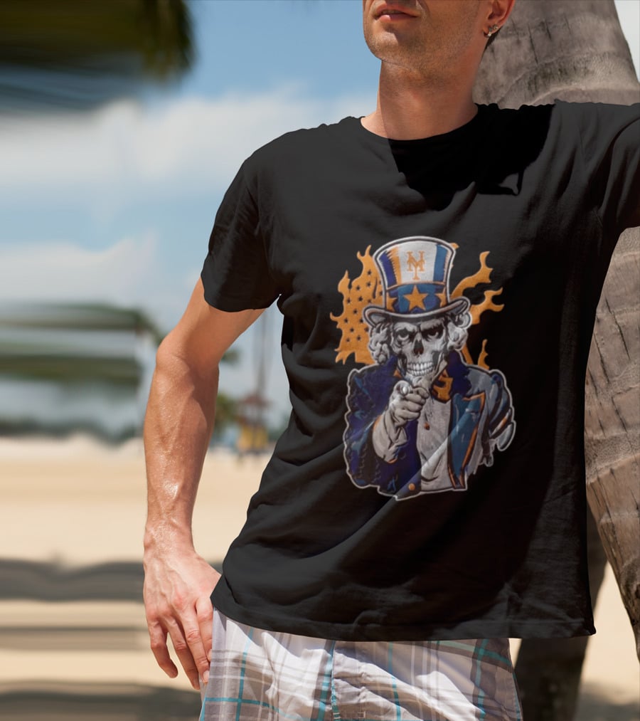 New York Mets Uncle Sam Skeleton Top Hat Stars Flames T-Shirt