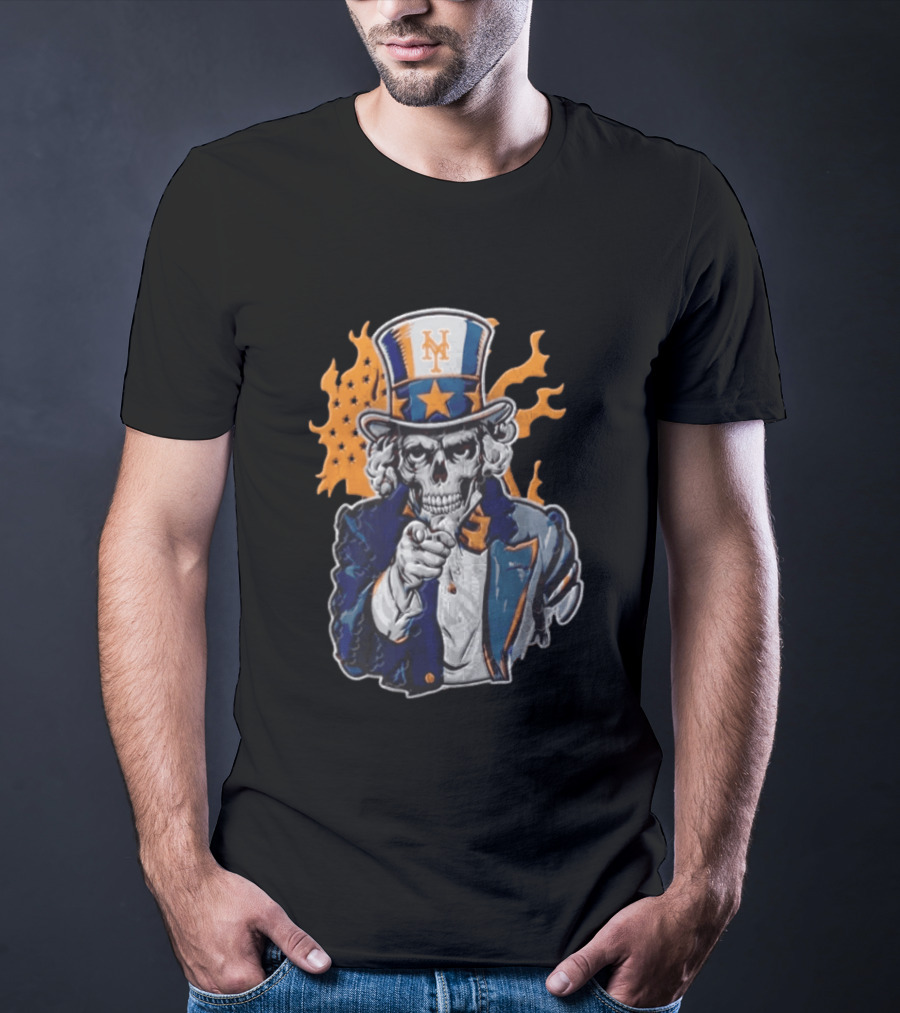 New York Mets Uncle Sam Skeleton Top Hat Stars Flames T-Shirt
