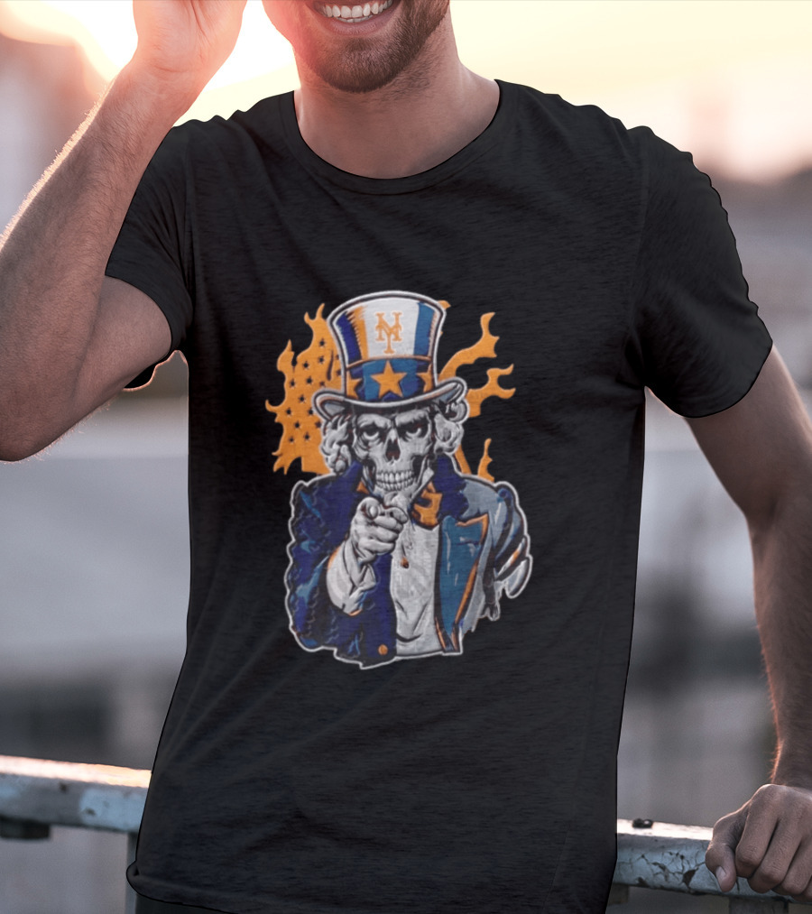 New York Mets Uncle Sam Skeleton Top Hat Stars Flames T-Shirt