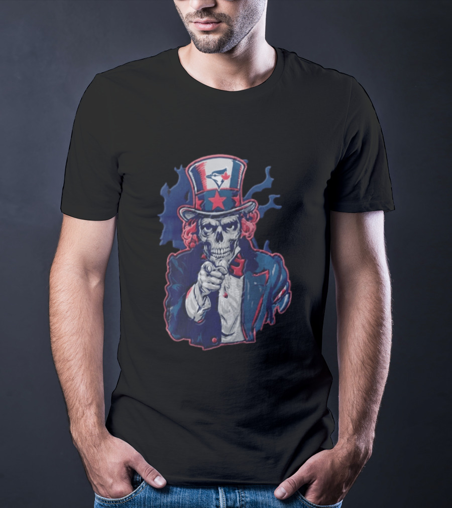 Toronto Blue Jays Skeleton Uncle Sam Pointing American Flag Bird Head Maple Leaf T-Shirt