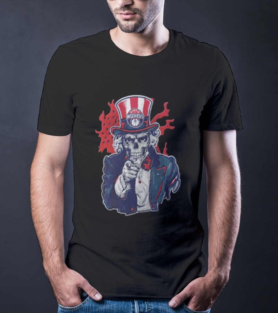 Washington Wizards Skeleton Uncle Sam Pointing Flames American Flag T-Shirt