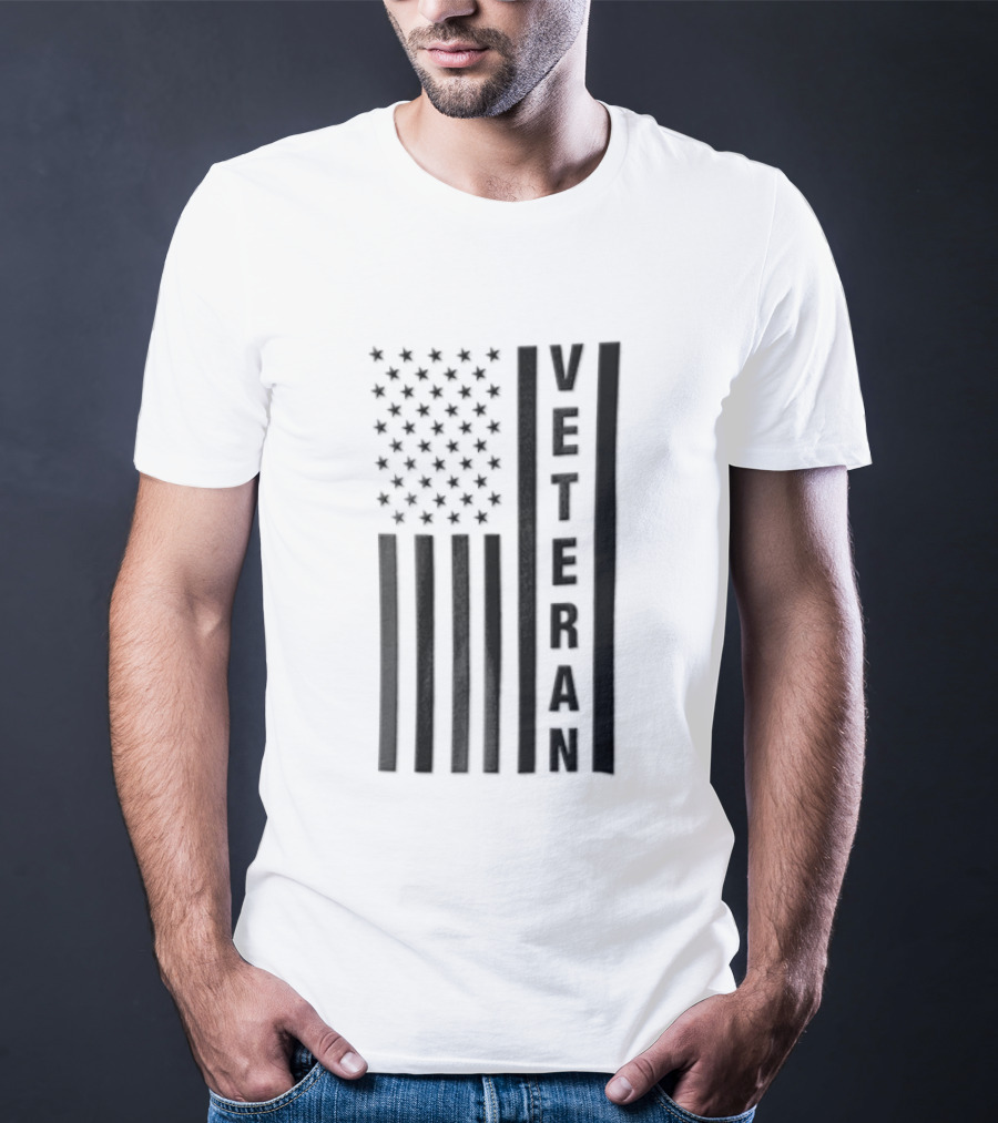 Veteran Vertical Monochrome US Flag Black Stars Stripes T-Shirt