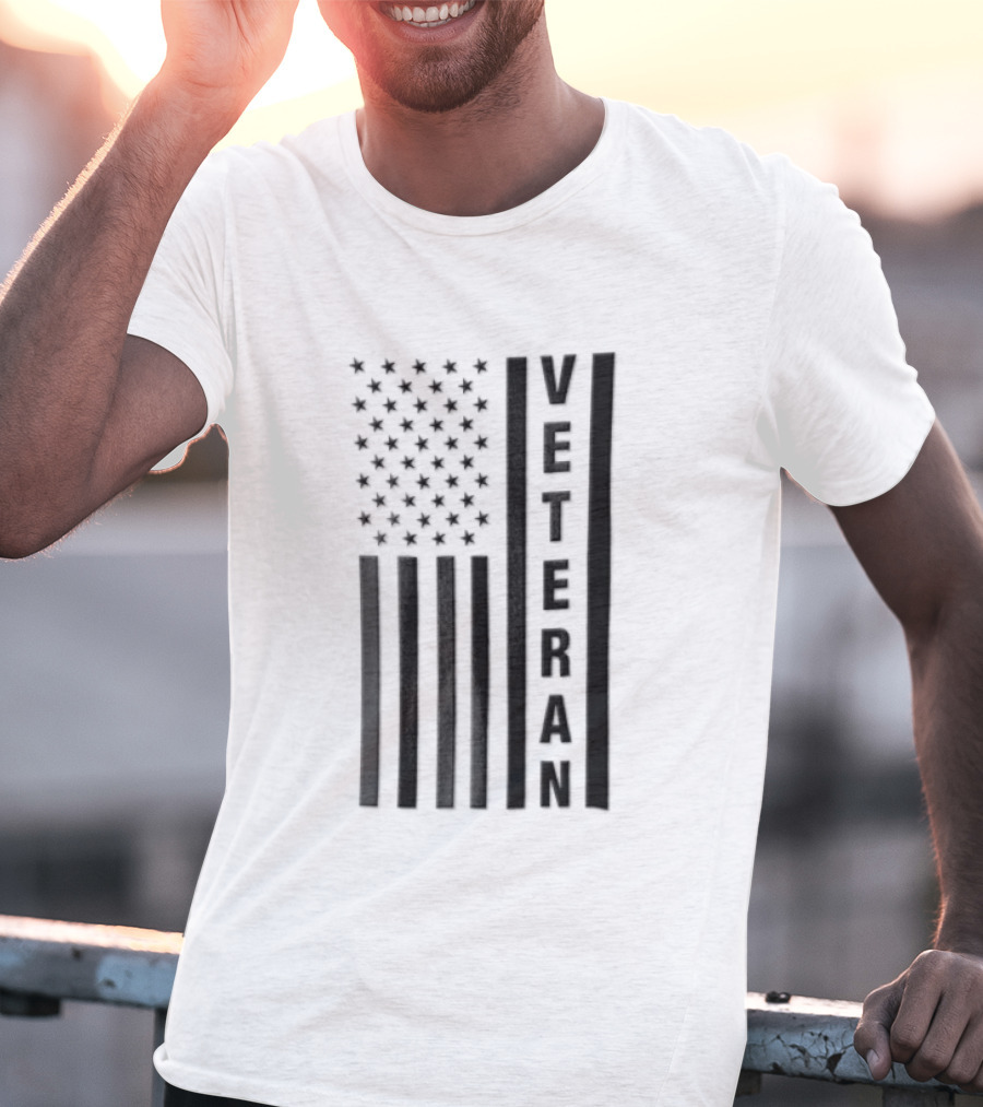 Veteran Vertical Monochrome US Flag Black Stars Stripes T-Shirt