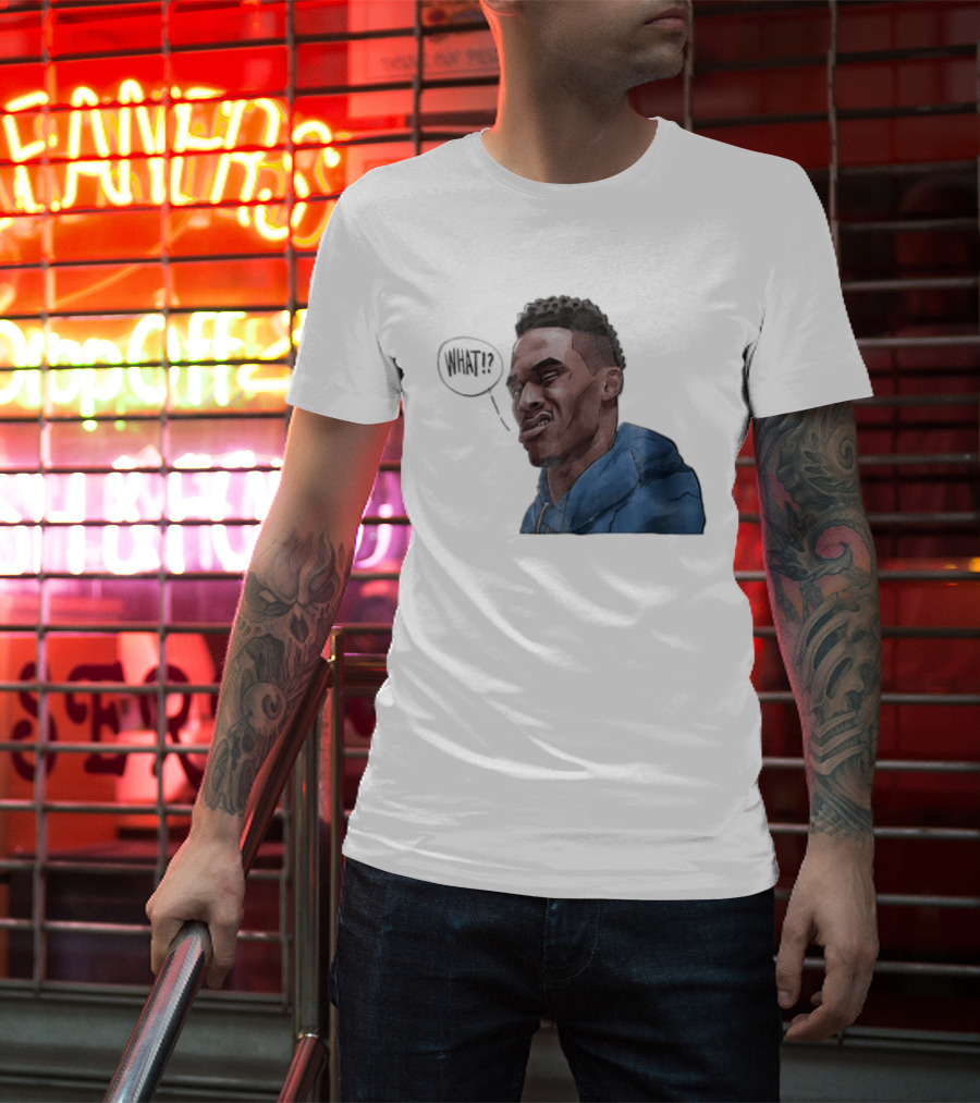 Russell Westbrook Cartoon Caricature Confused Face What Speech Bubble Blue T-Shirt