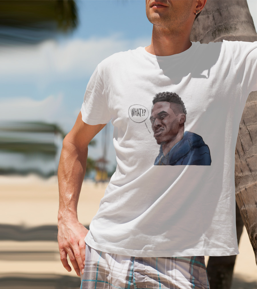 Russell Westbrook Cartoon Caricature Confused Face What Speech Bubble Blue T-Shirt