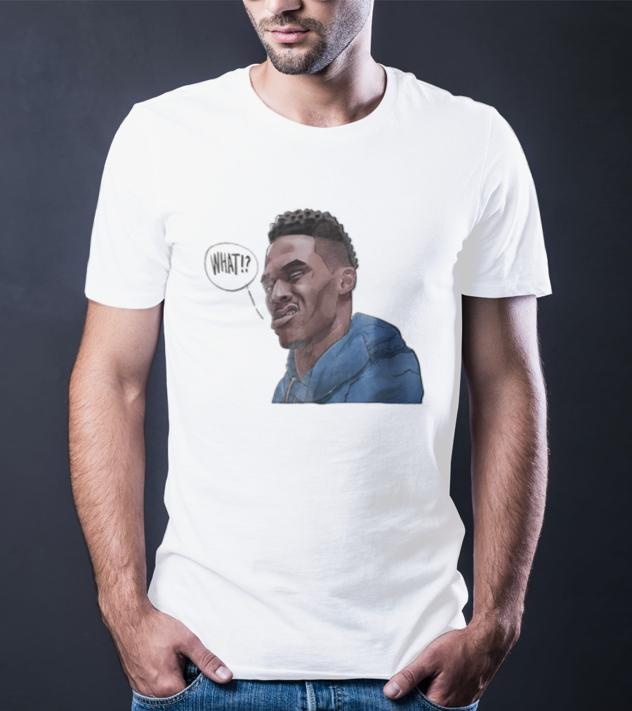Russell Westbrook Cartoon Caricature Confused Face What Speech Bubble Blue T-Shirt