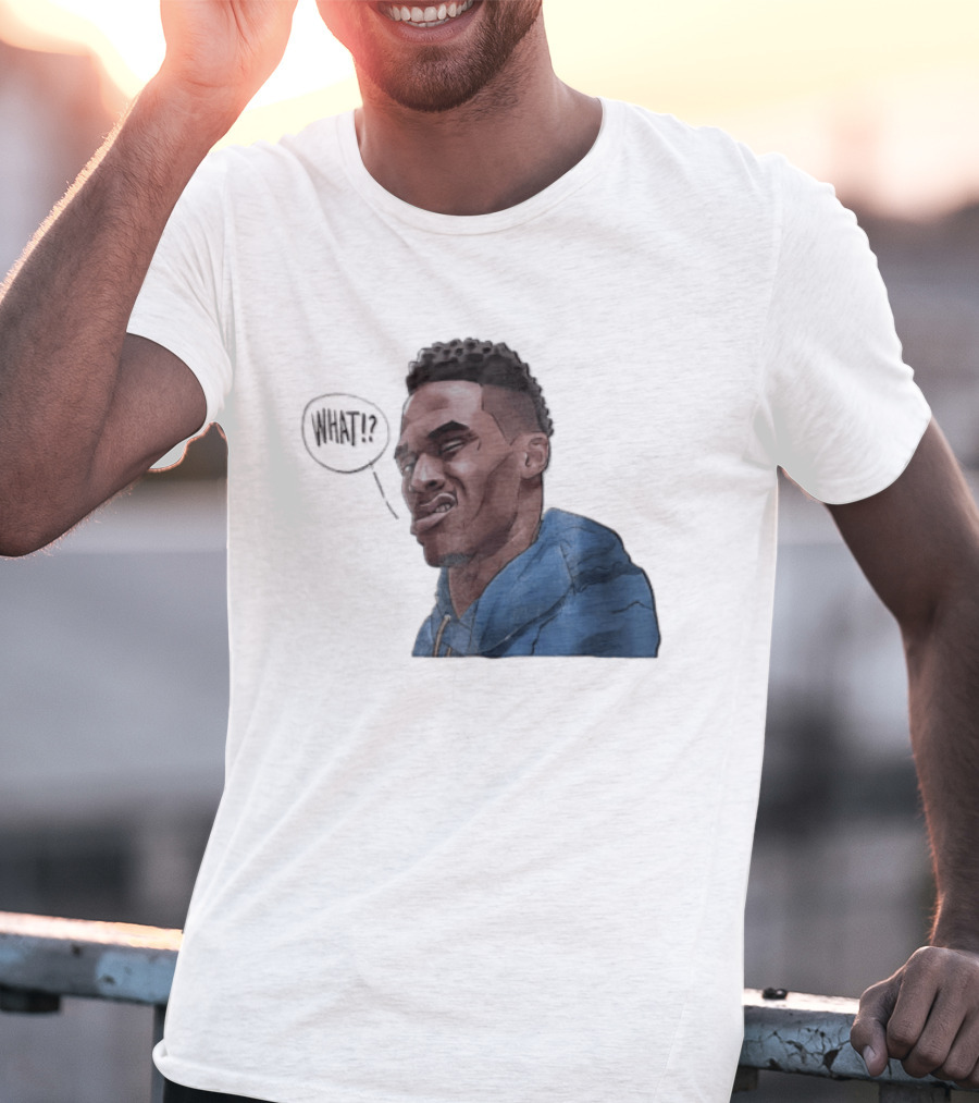 Russell Westbrook Cartoon Caricature Confused Face What Speech Bubble Blue T-Shirt