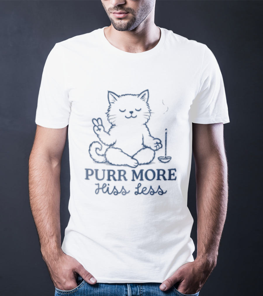Purr More Hiss Less Cat Meditating Peaceful Incense Line T-Shirt