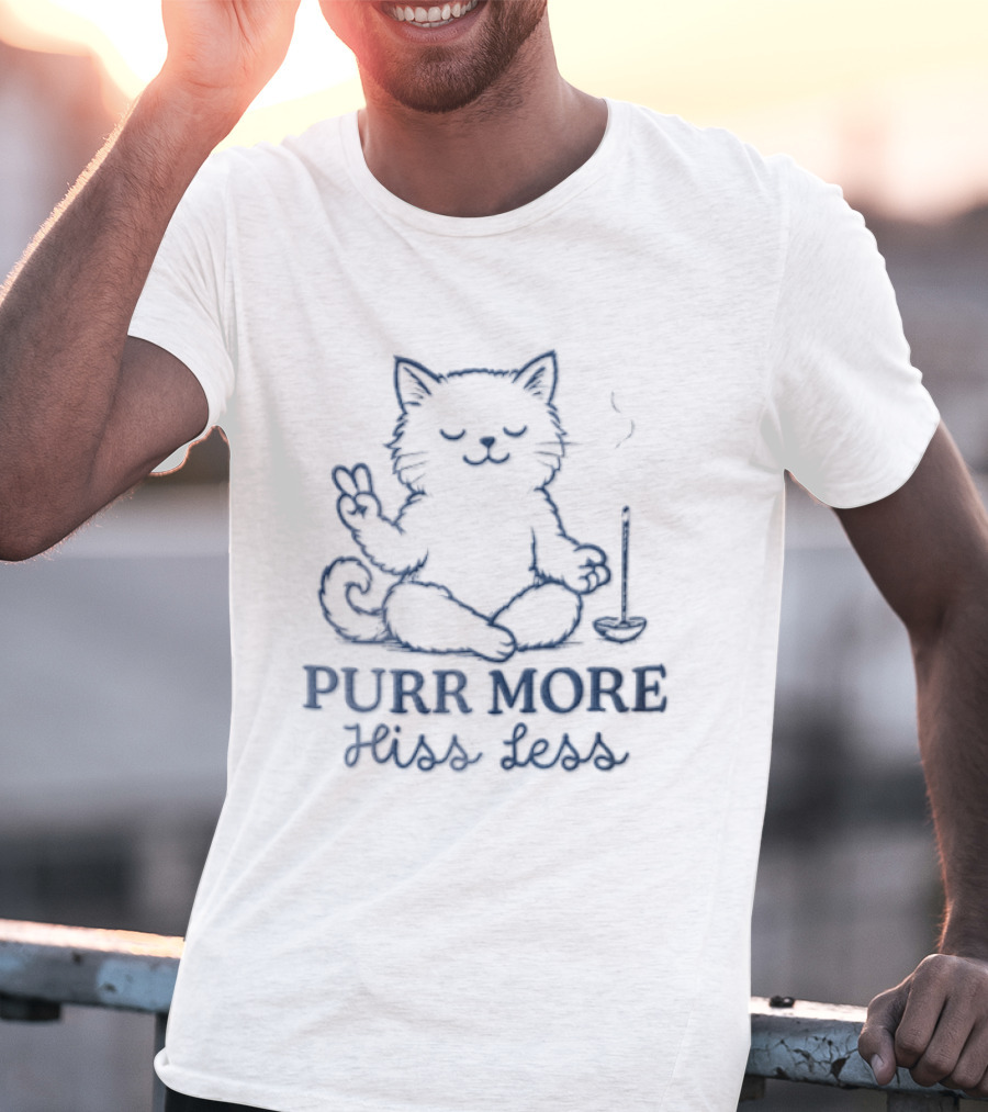Purr More Hiss Less Cat Meditating Peaceful Incense Line T-Shirt