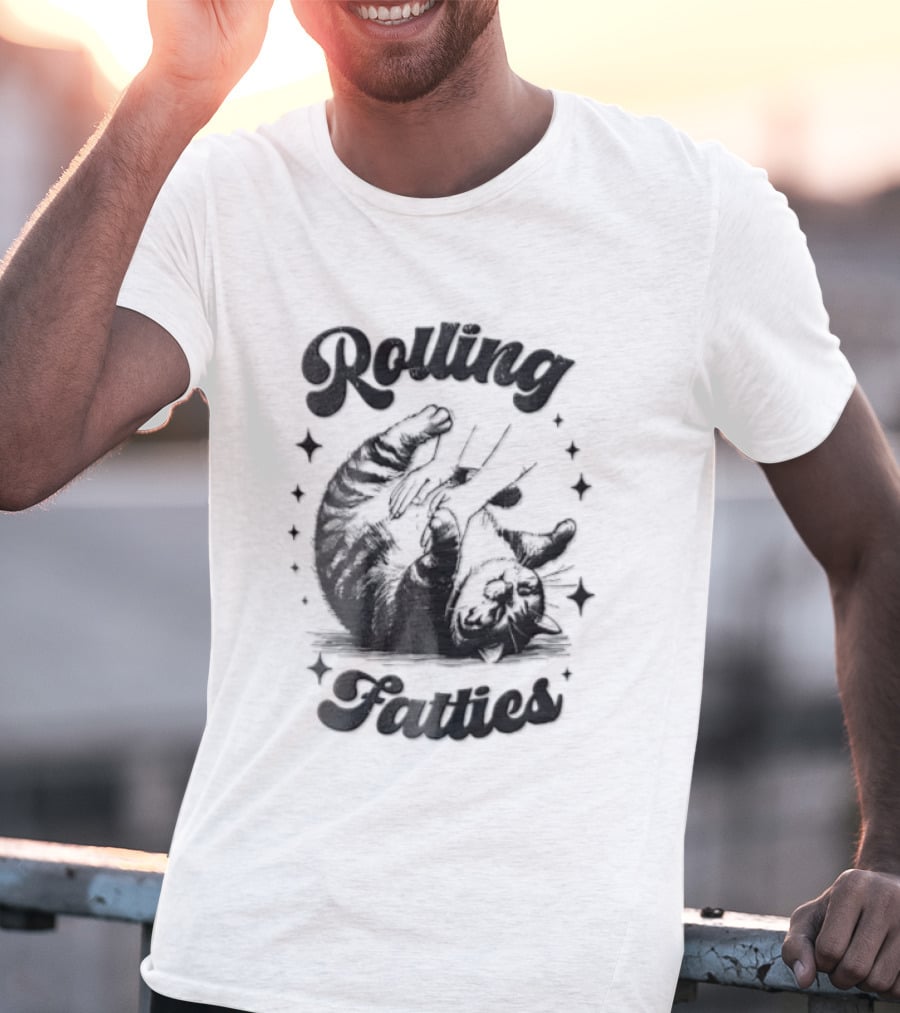 Rolling Fatties Chubby Tabby Cat Belly Rub Stars Line T-Shirt