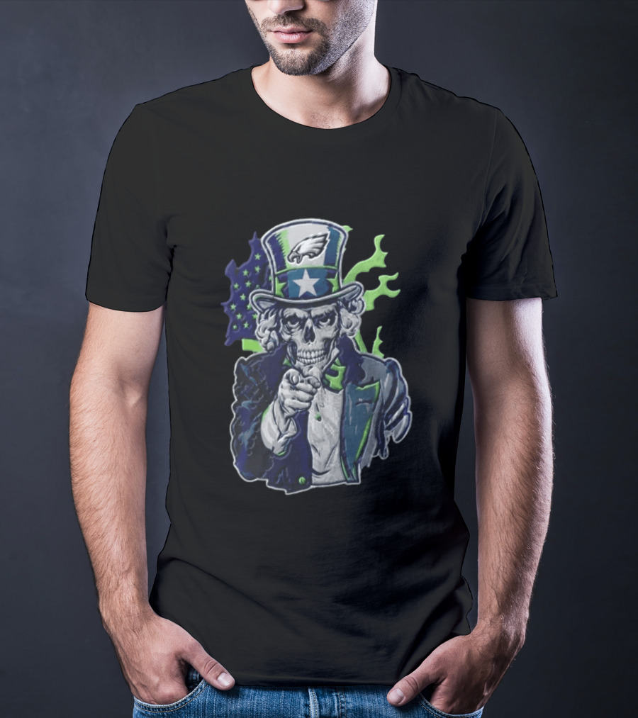 Philadelphia Eagles Uncle Sam Skull With Flag And Stars T-Shirt