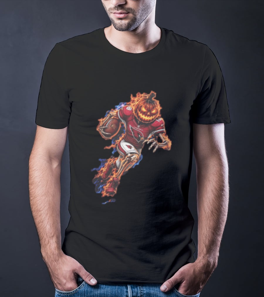 Arizona Cardinals Flaming Pumpkin Head Skeleton Football Player Halloween T-Shirt