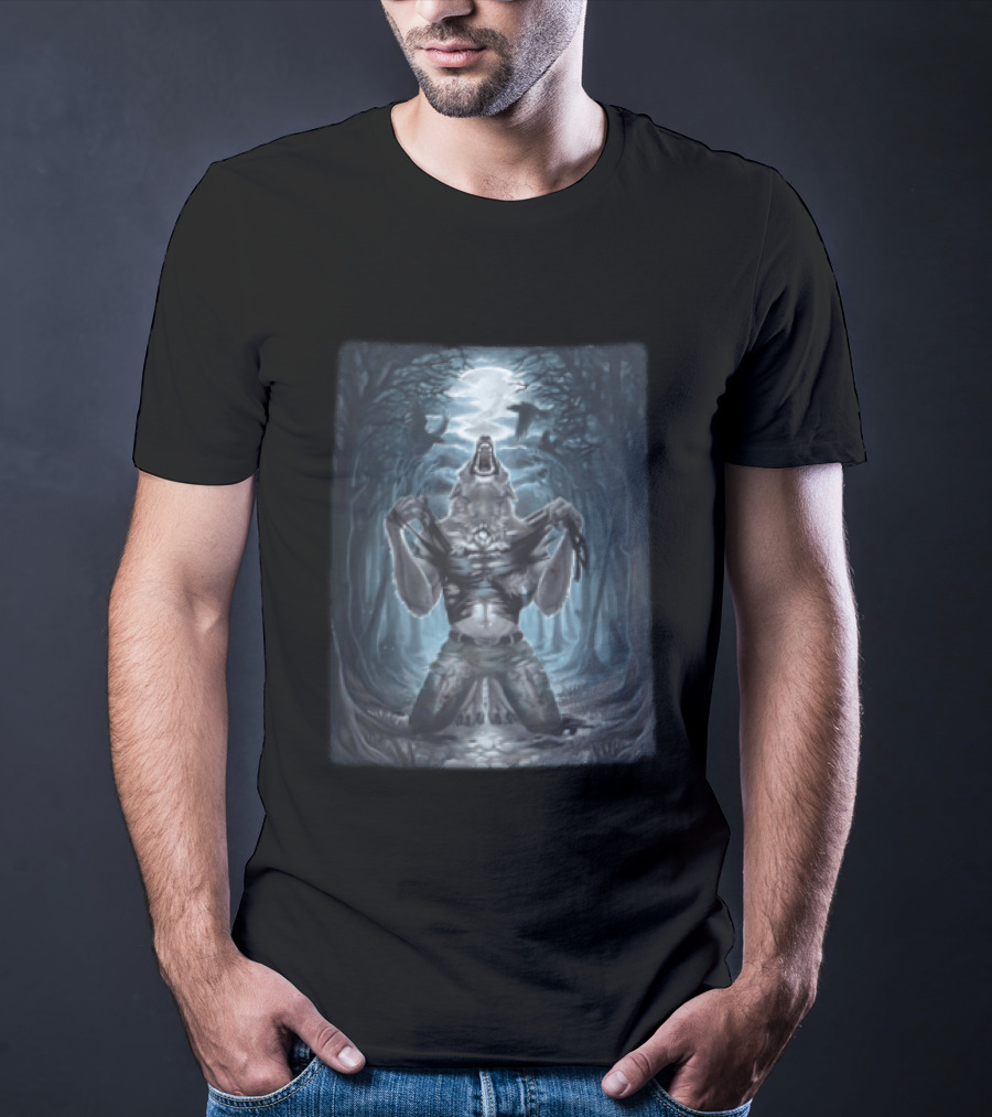 Howling Werewolf Under Full Moon In Dark Forest With Ravens T-Shirt