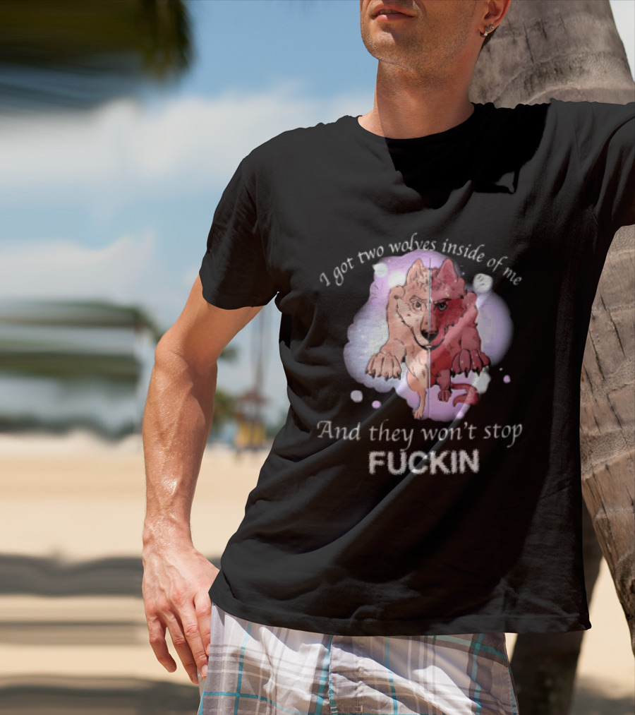I Got Two Wolves Inside Of Me And They Wont Stop Fuckin Cartoon Split Wolf Pastel Cloud Funny Humor T-Shirt