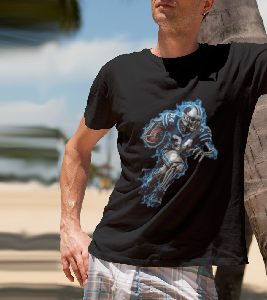 Carolina Panthers Skeleton Running Back 34 Blue Flames Football T-Shirt