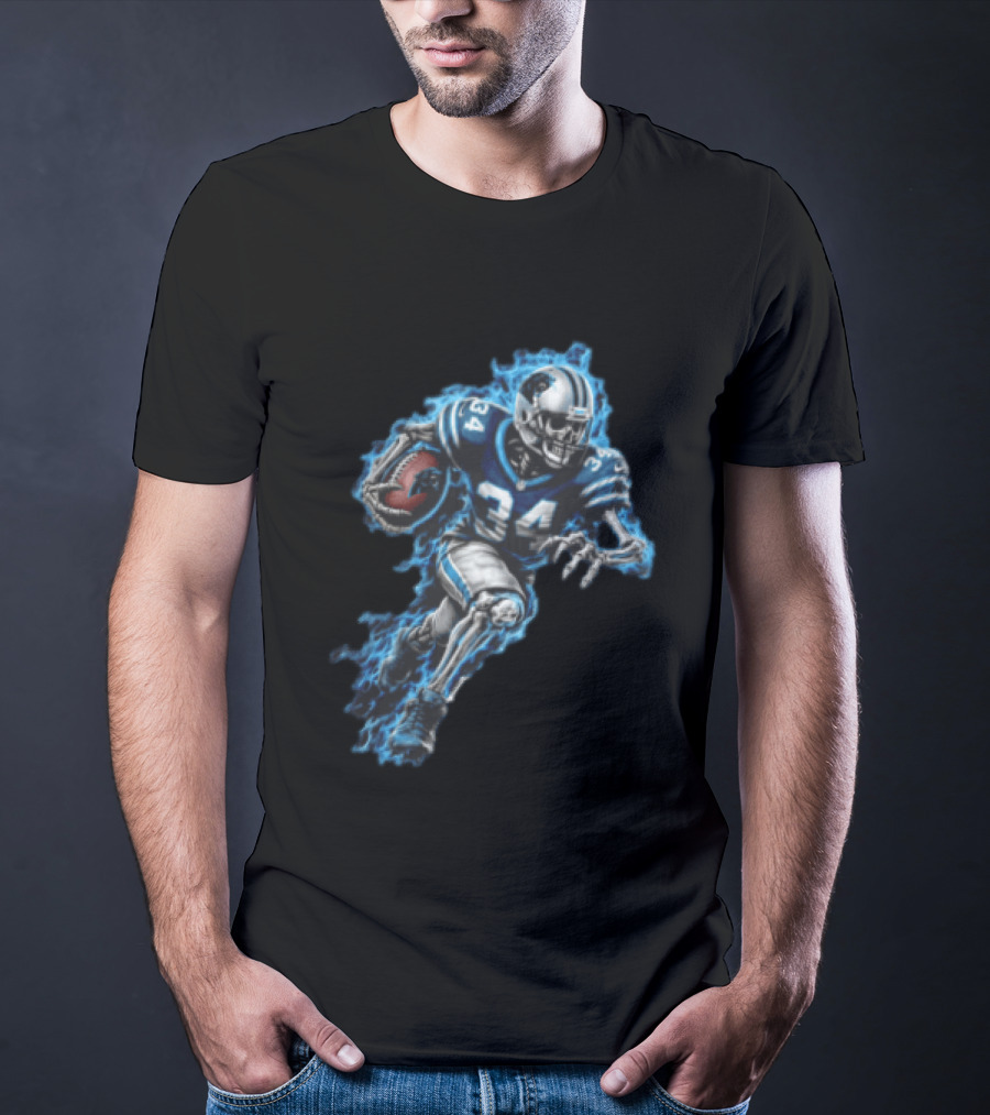 Carolina Panthers Skeleton Running Back 34 Blue Flames Football T-Shirt