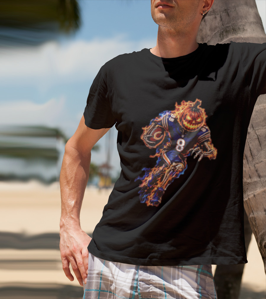 Chicago Bears Flaming Pumpkin Skeleton Football Running Halloween Scary Sports Fan T-Shirt