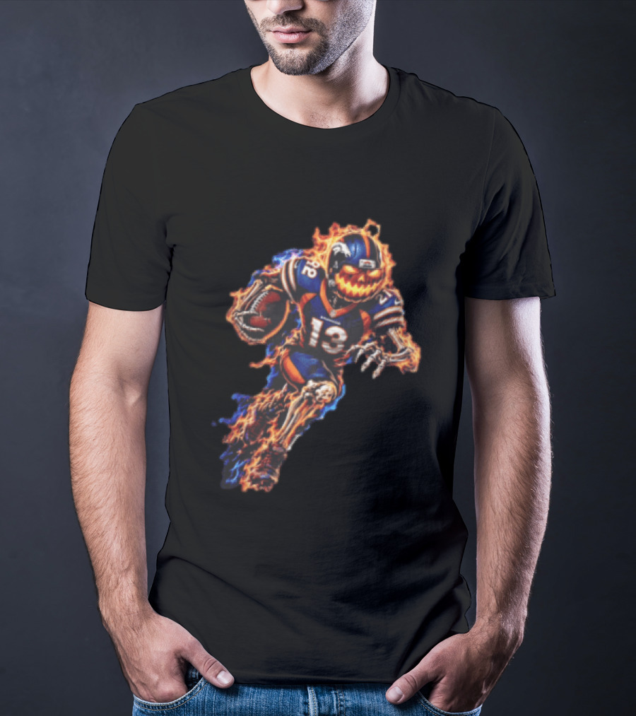 Denver Broncos Fiery Pumpkin Head Skeleton Football Player T-Shirt