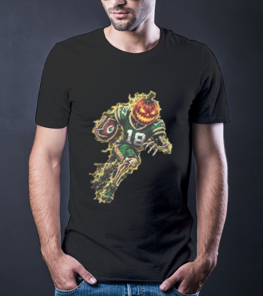 Green Bay Packers Halloween Pumpkin Head Skeleton Football Player Running T-Shirt