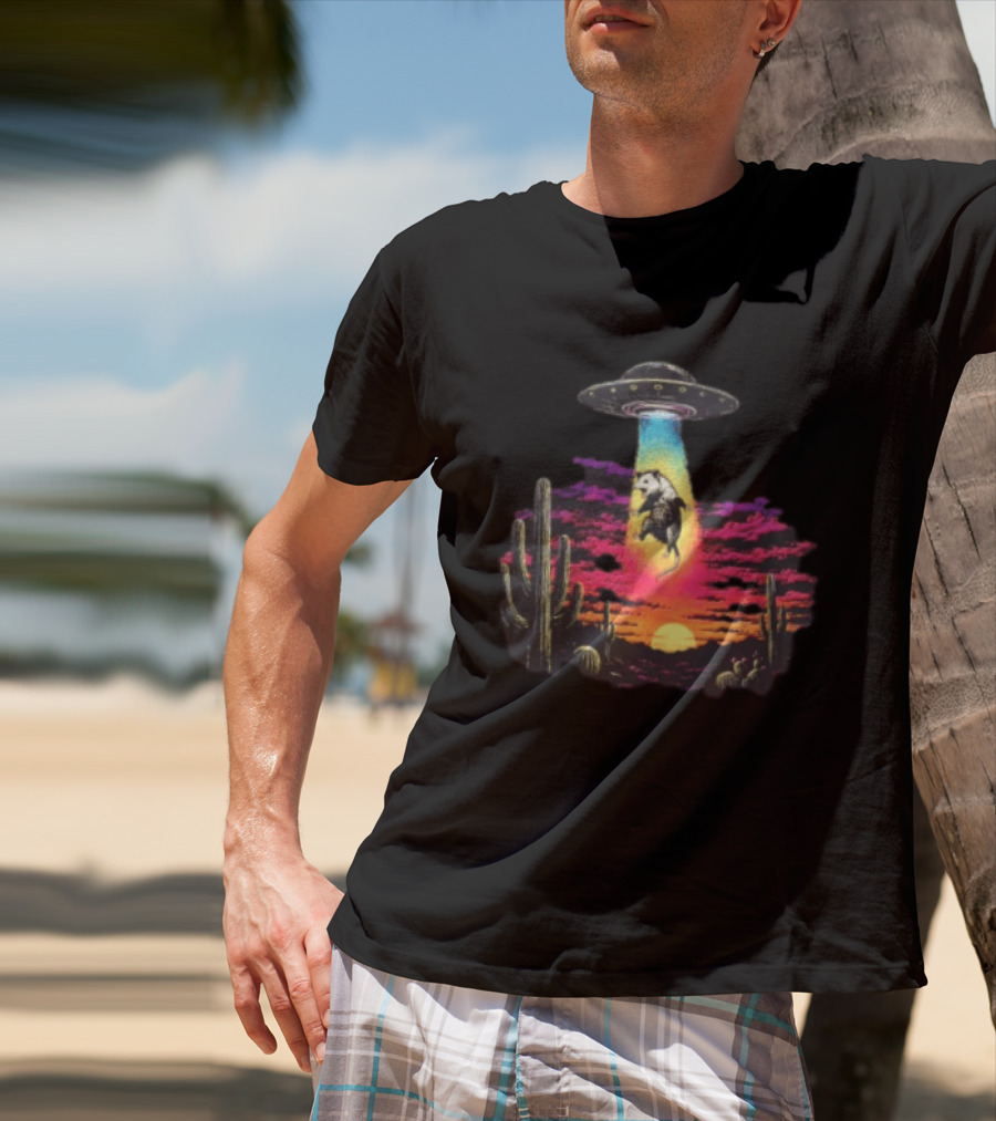UFO Opossum Abduction In Desert Sunset Scene With Cacti And Colorful Sky T-Shirt