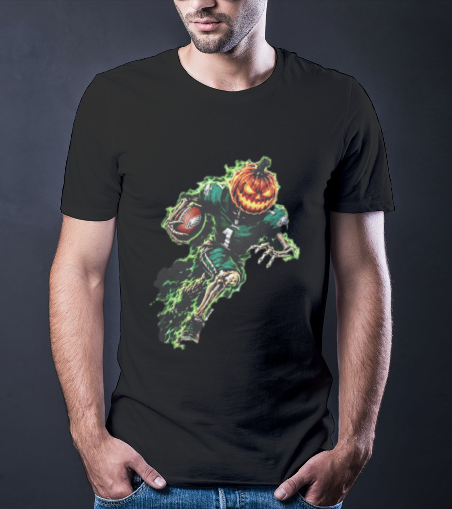 Philadelphia Eagles Pumpkin Head Skeleton Player Green Flames Football T-Shirt