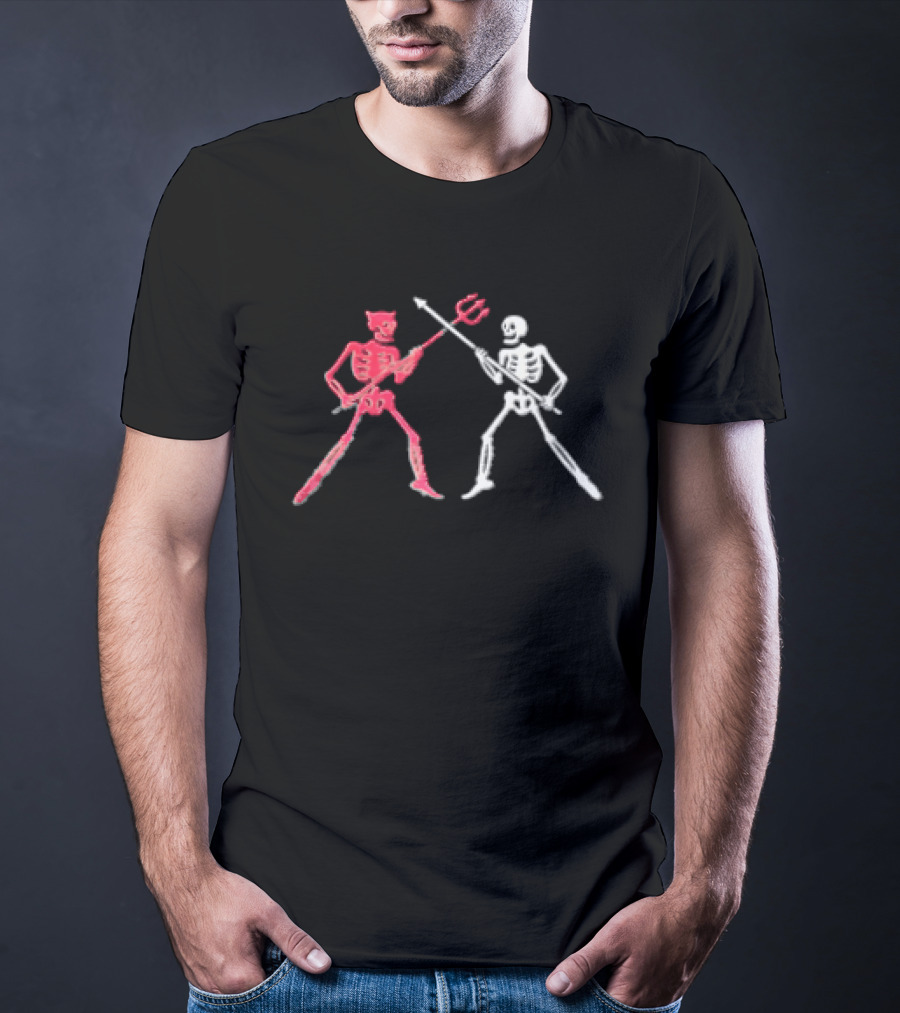 Red Horned Devil And White Skeleton Dueling With Spear And Trident Line T-Shirt