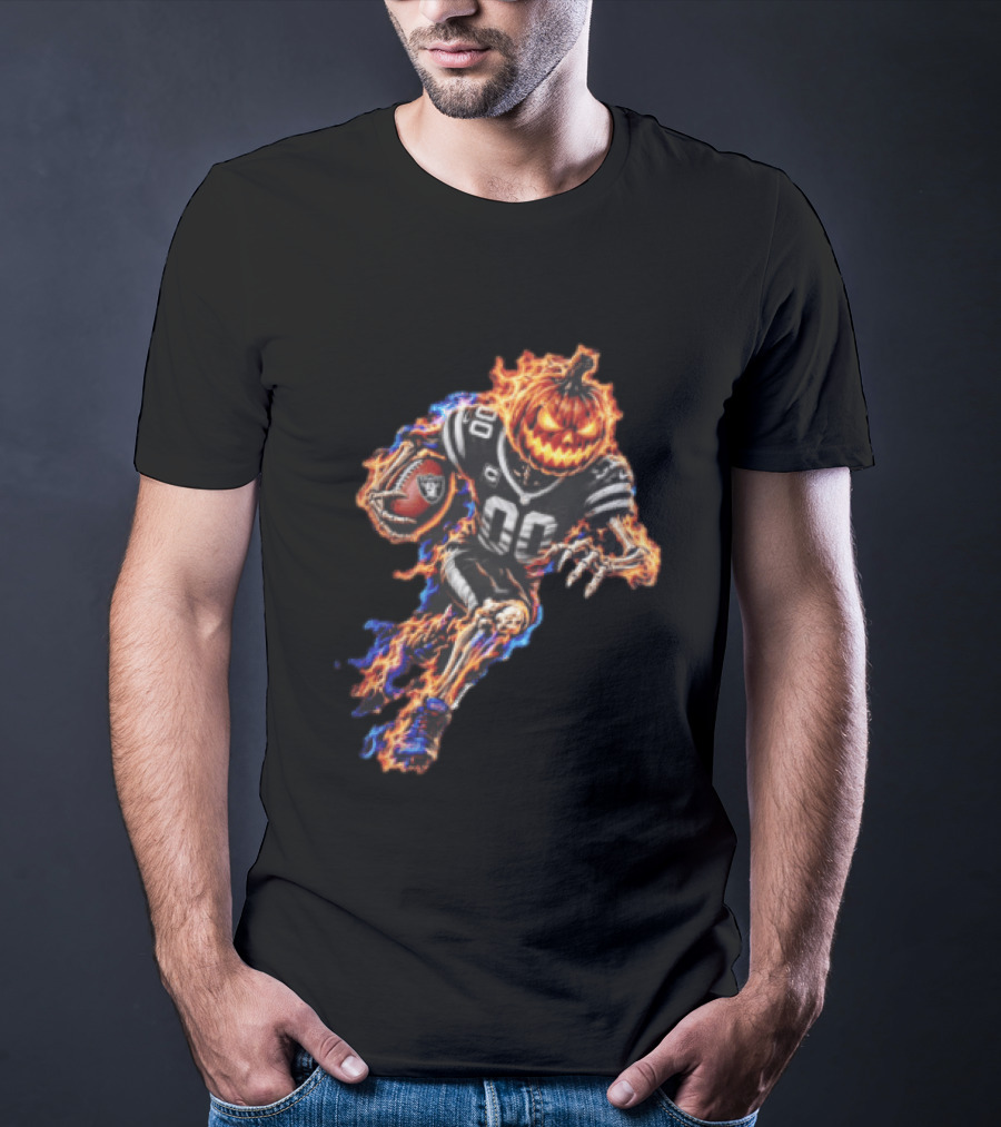 Las Vegas Raiders Flaming Pumpkin Skeleton Football Player Halloween T-Shirt
