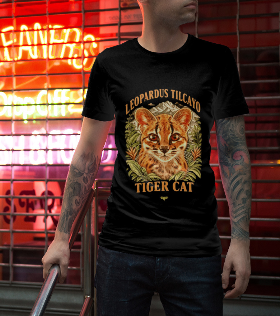 Leopardus Tilcayo Tiger Cat Wildlife Art With Foliage And Mountain T-Shirt