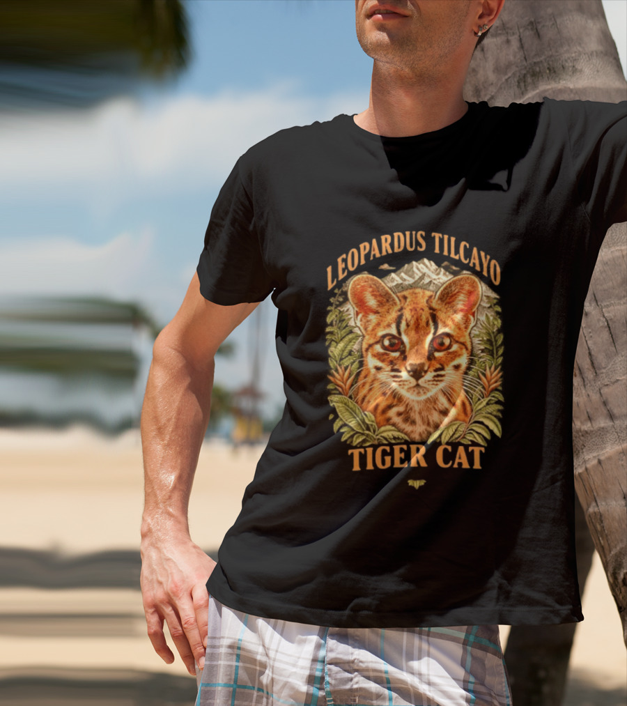 Leopardus Tilcayo Tiger Cat Wildlife Art With Foliage And Mountain T-Shirt