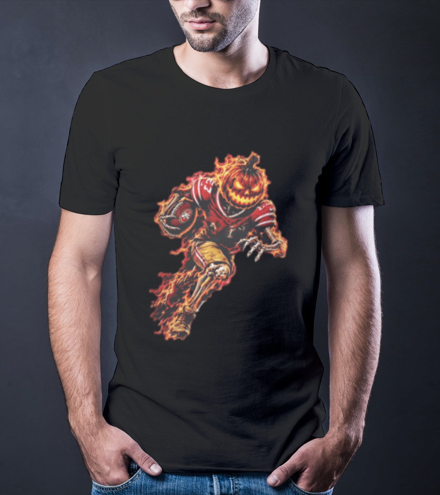San Francisco 49ers Halloween Fiery Pumpkin Head Skeleton Football Player T-Shirt