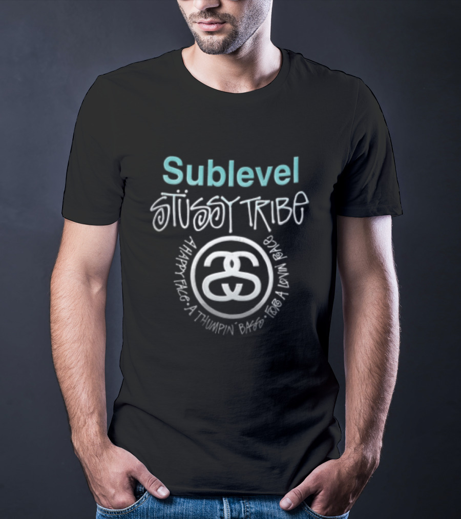 Stussy Sublevel Tribe A Happy Face Thumpin Bass For Lovin Race Interlocking Double S T-Shirt