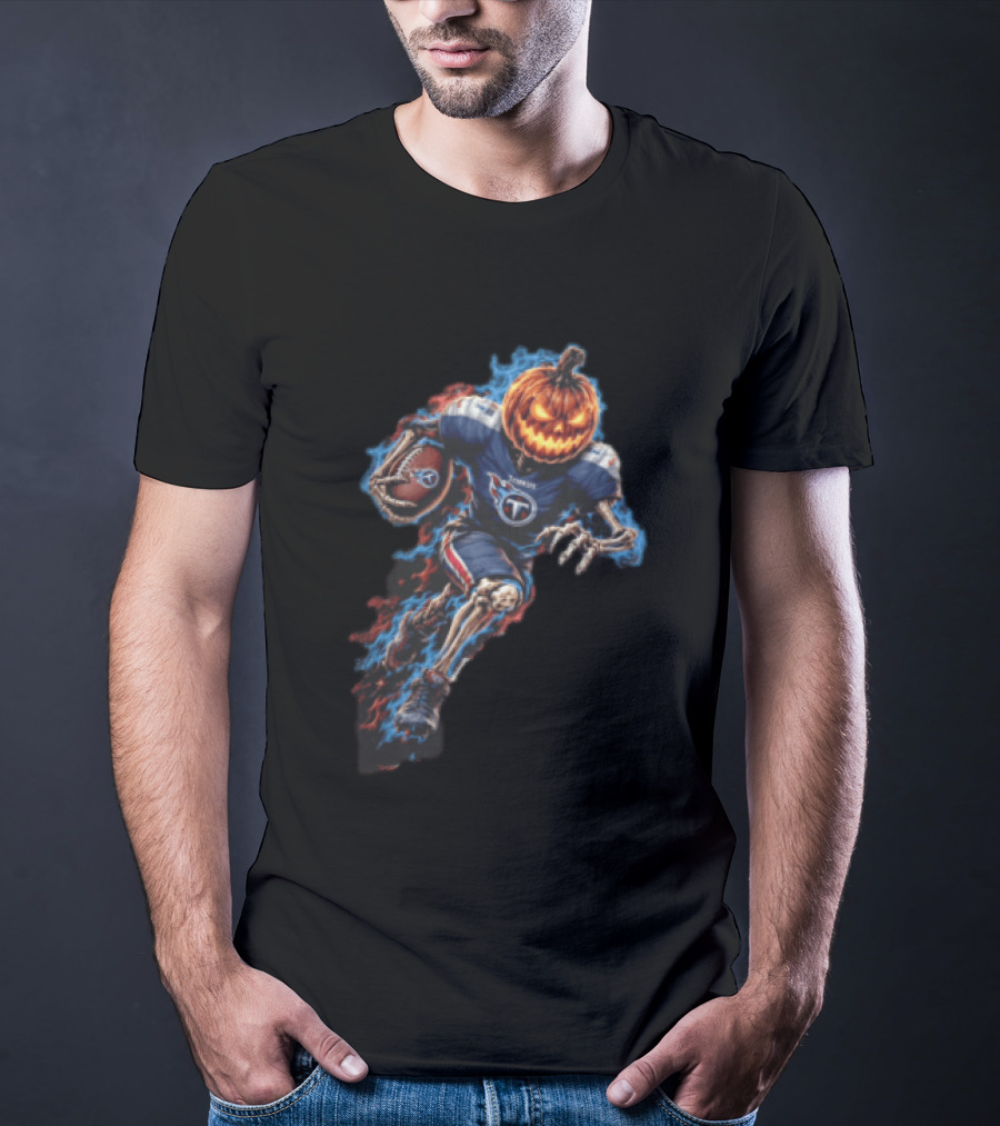 Tennessee Titans Pumpkin Head Skeleton Football Player Blue Flames Halloween NFL T-Shirt