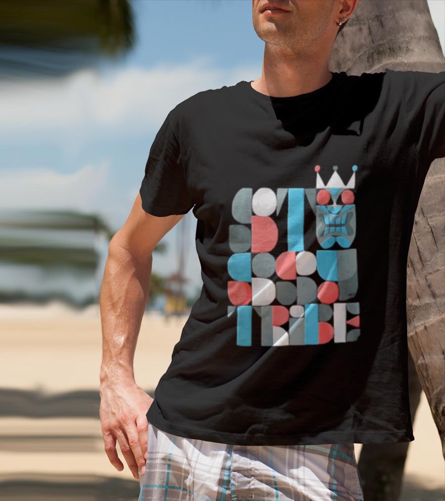 Tribe Crowned Tiki Mask Geometric Color Block T-Shirt