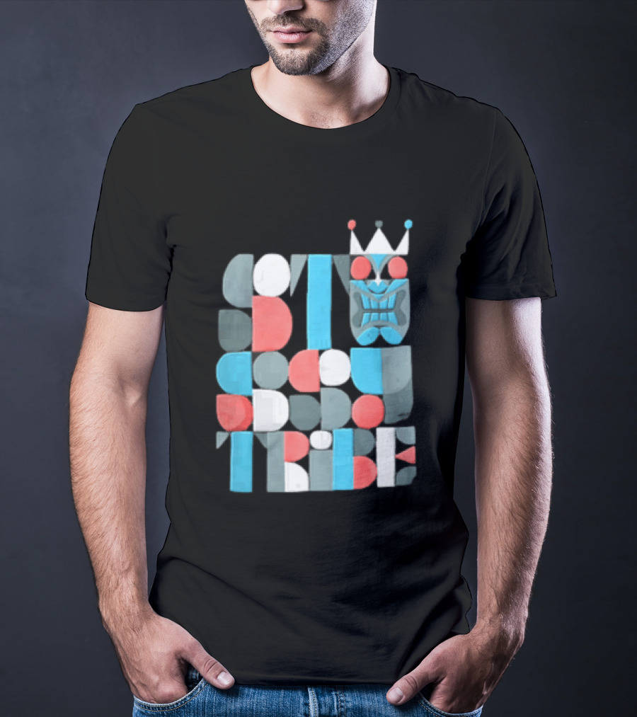 Tribe Crowned Tiki Mask Geometric Color Block T-Shirt