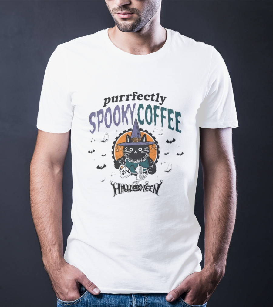 Purrfectly Spooky Coffee Witch Cat Halloween T-Shirt