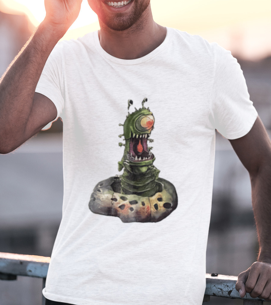 Cartoon Monstrous One Eyed Green Creature Emerging From Ground Hole T-Shirt