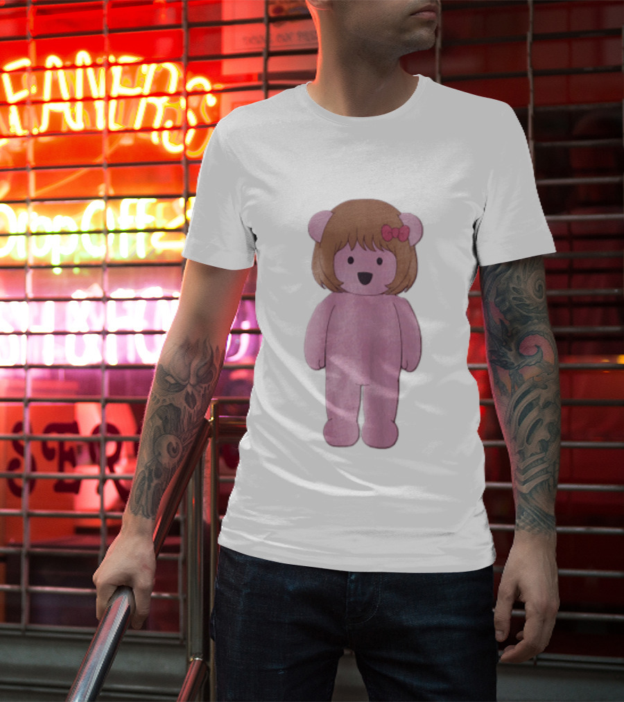 Cartoon Pink Bear With Brown Bob Haircut And Red Ribbon Bow T-Shirt