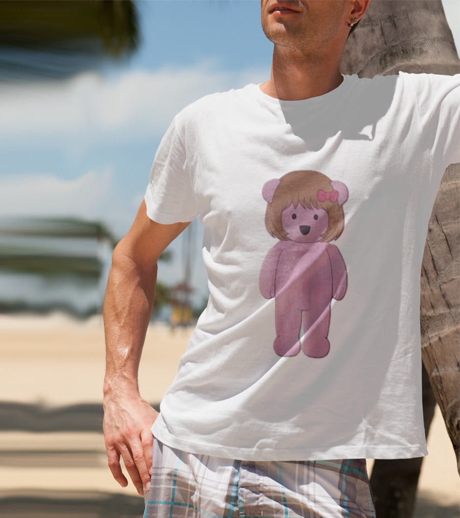 Cartoon Pink Bear With Brown Bob Haircut And Red Ribbon Bow T-Shirt