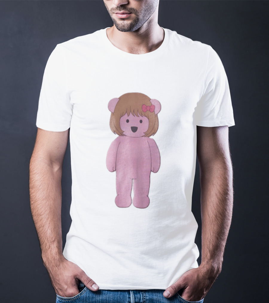 Cartoon Pink Bear With Brown Bob Haircut And Red Ribbon Bow T-Shirt