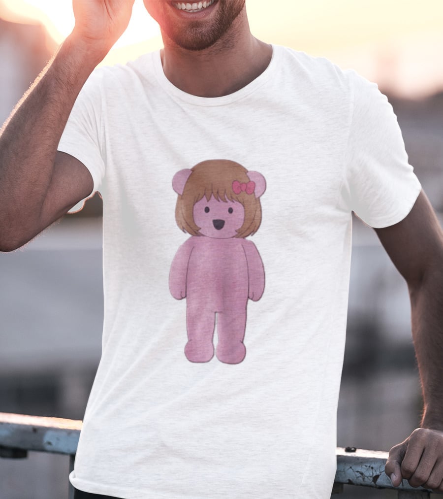 Cartoon Pink Bear With Brown Bob Haircut And Red Ribbon Bow T-Shirt