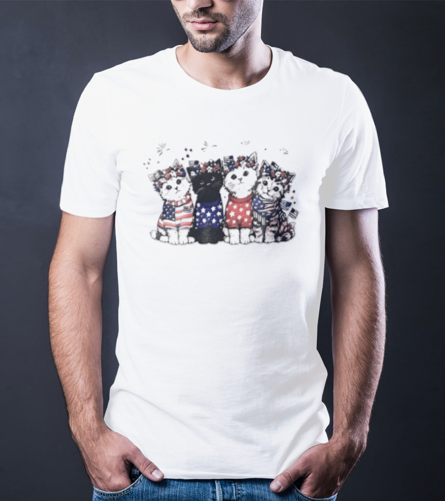 Four Patriotic Watercolor Kittens Fireworks Celebration Red White Blue T-Shirt