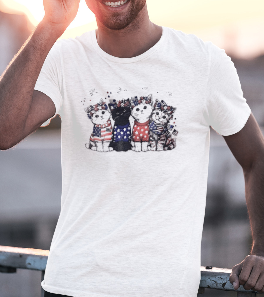 Four Patriotic Watercolor Kittens Fireworks Celebration Red White Blue T-Shirt