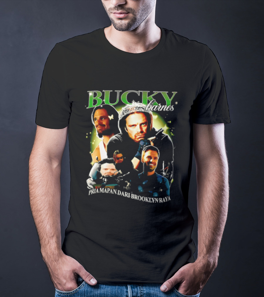Bucky Barnes Sebastian Stan Pria Mapan Dari Brooklyn Raya Multiple Photos Crown Marvel T-Shirt