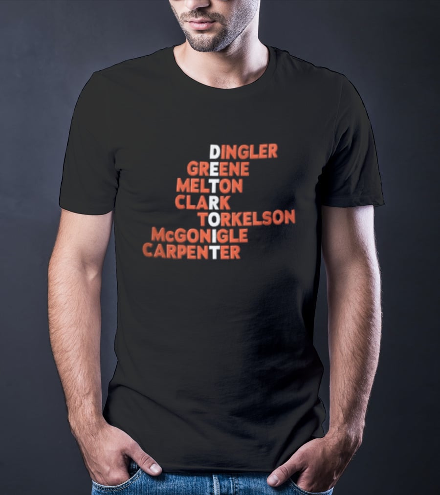 Detroit Tigers Dingler Greene Melton Clark Spencer Torkelson Mcgonigle Carpenter Names Vertical Arrangement T-Shirt