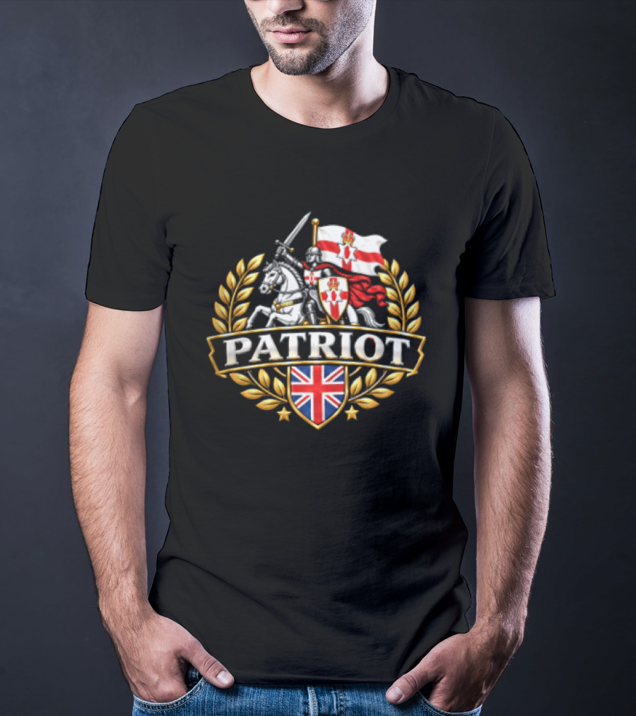Patriot Knight Riding With Northern Ireland Flag And Union Jack Crest T-Shirt