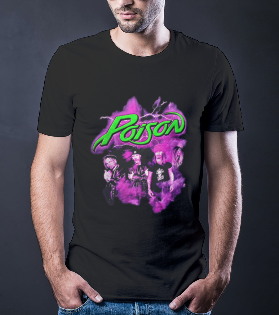 Poison Band Members Graphic With Neon Green Logo And Purple Aura T-Shirt